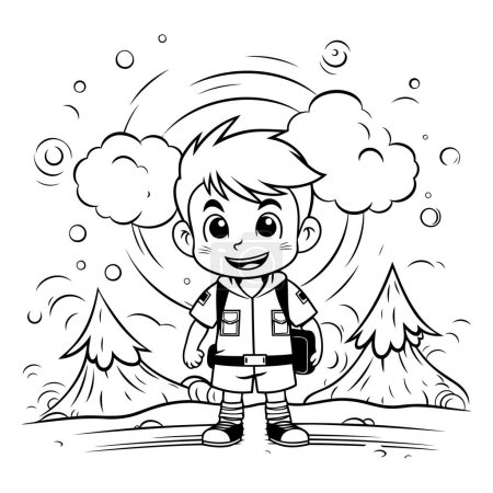 Illustration for Black and White Cartoon Illustration of Kid Boy Traveler or Tourist Character Wearing a Backpack Walking in the Snowy Landscape - Royalty Free Image