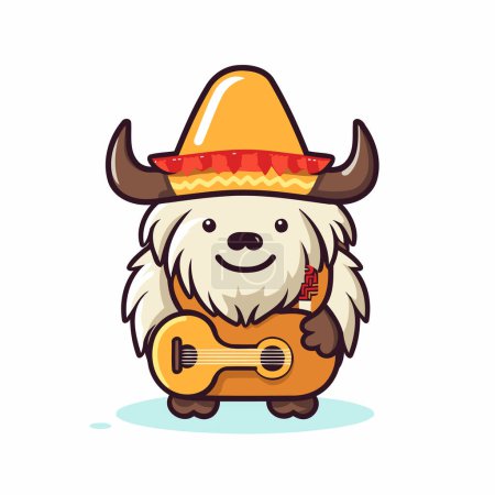 Illustration for Cute cartoon dog with sombrero and guitar. Vector illustration. - Royalty Free Image