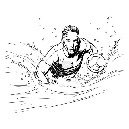 Illustration for Soccer player with ball in the water. Black and white vector illustration. - Royalty Free Image