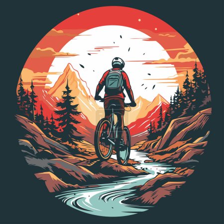 Illustration for Mountain biker rides in the mountains at sunset. Vector illustration - Royalty Free Image