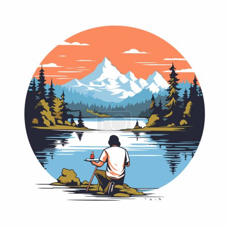 Ilustración de Pescador en la orilla de un lago de montaña. Ilustración vectorial. - Imagen libre de derechos