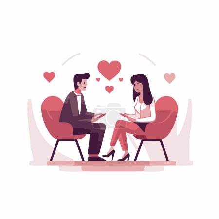 Illustration for Man and woman sitting in cafe and reading book. Couple in love dating. Vector flat illustration - Royalty Free Image