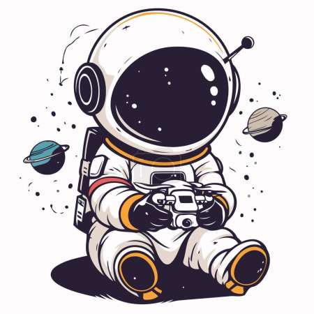 Ilustración de Astronauta sosteniendo un arma en su mano. Ilustración vectorial. - Imagen libre de derechos