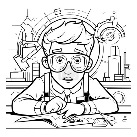 Illustration for Engineer at work. Vector illustration. Black and white drawing. - Royalty Free Image