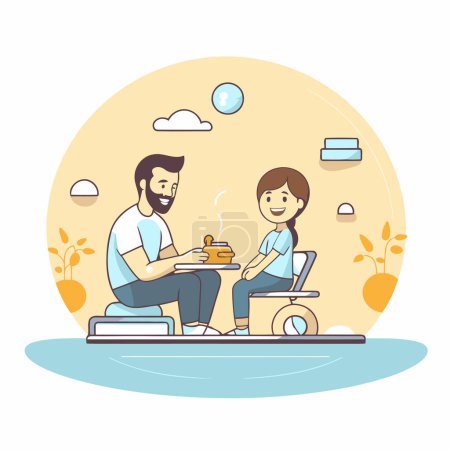 Ilustración de Hombre y mujer sentados en el suelo y bebiendo té. Ilustración vectorial - Imagen libre de derechos