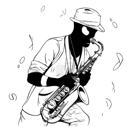 Téléchargez les illustrations : Musicien de jazz jouant du saxophone. Illustration vectorielle noir et blanc. - en licence libre de droit