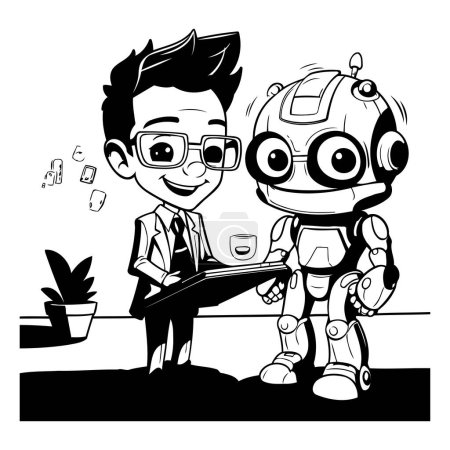 Ilustración de Robot y hombre de negocios trabajando juntos. Ilustración vectorial en blanco y negro. - Imagen libre de derechos