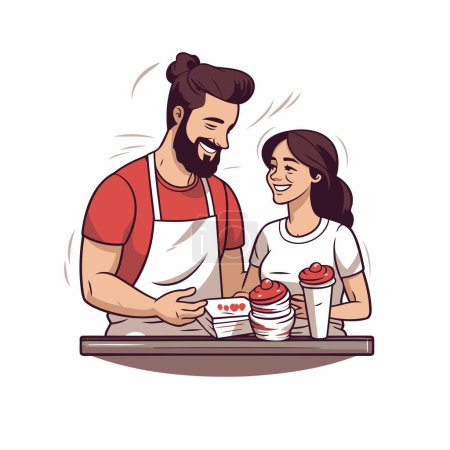 Illustration for Father and daughter making cupcakes. Vector illustration in cartoon style. - Royalty Free Image