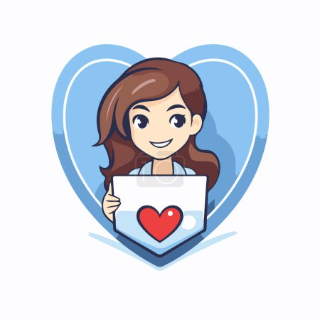 Illustration for Vector illustration of a young woman holding a card in the shape of a heart. - Royalty Free Image