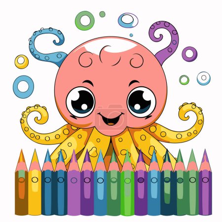 Téléchargez les illustrations : Mignonne pieuvre de dessin animé avec crayons de couleur. Illustration vectorielle. - en licence libre de droit