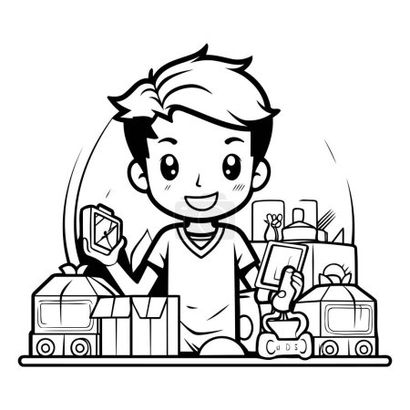 Illustration for Boy with boxes and toys. Black and white vector illustration for coloring book. - Royalty Free Image