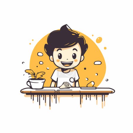 Illustration for Cute little boy sitting at the table and reading a book. Vector illustration. - Royalty Free Image