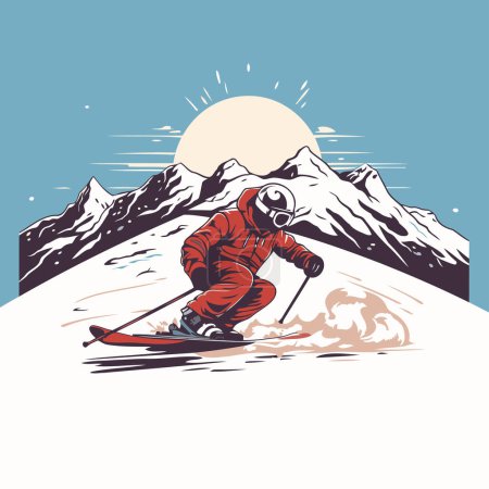 Ilustración de Esquiar en las montañas. Ilustración vectorial en estilo retro. - Imagen libre de derechos