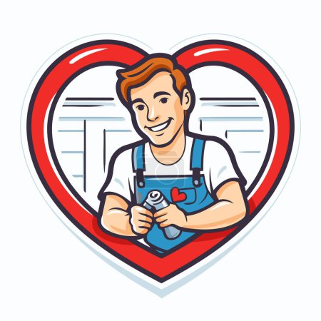 Illustration for Vector illustration of a mechanic holding a camera in heart shape on white background. - Royalty Free Image