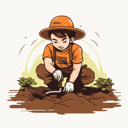 Téléchargez les illustrations : Jardinier plantation de semis dans le sol. Illustration vectorielle. - en licence libre de droit