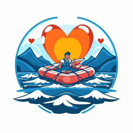 Téléchargez les illustrations : Illustration vectorielle d'un homme flottant sur un anneau gonflable avec un cœur en arrière-plan - en licence libre de droit