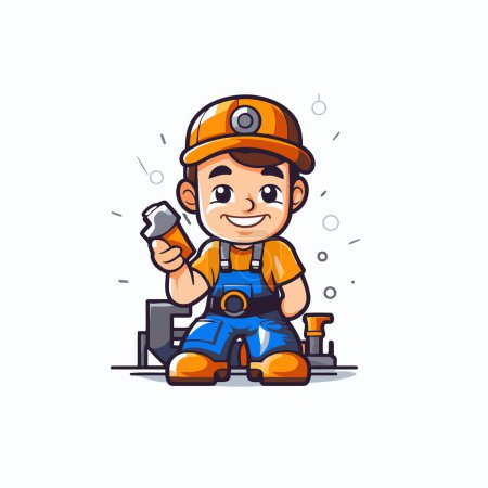 Illustration for Cartoon handyman in helmet and overalls. Hand drawn vector illustration. - Royalty Free Image