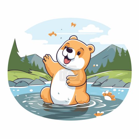 Illustration for Cute cartoon bear in the river. Vector illustration on white background. - Royalty Free Image