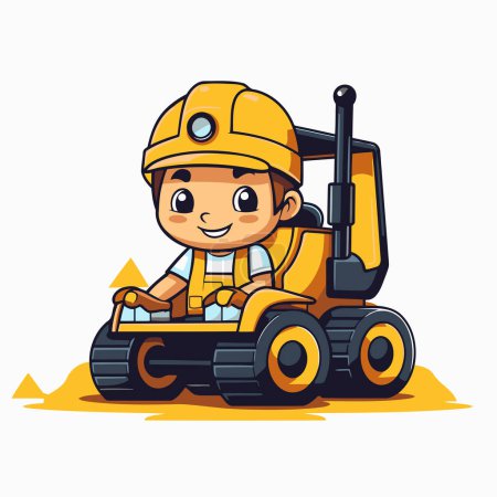 Illustration for Cute little boy driving a toy excavator. Vector illustration. - Royalty Free Image