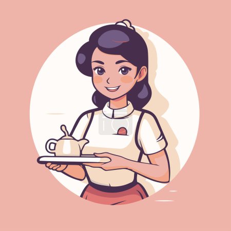 Illustration for Coffee shop waitress holding tray with cup of tea. Vector illustration. - Royalty Free Image