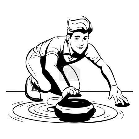 Illustration for Cartoon illustration of a young man cooking in the kitchen. Black and white version. - Royalty Free Image