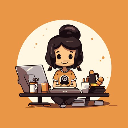 Ilustración de Linda chica sentada en el escritorio con portátil. Ilustración vectorial. - Imagen libre de derechos