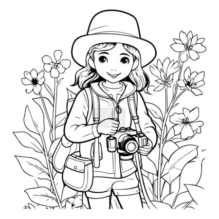 Ilustración de Chica con cámara y flores. Ilustración vectorial. Libro para colorear para niños. - Imagen libre de derechos