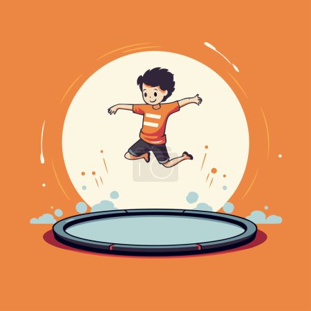 Téléchargez les illustrations : Un garçon qui saute par-dessus un trampoline. Illustration vectorielle sur fond orange. - en licence libre de droit