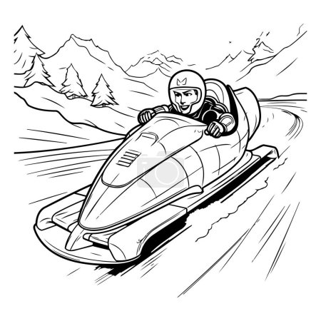 Téléchargez les illustrations : Motoneige - Dessin animé noir et blanc Illustration d'un homme chevauchant une motoneige - en licence libre de droit