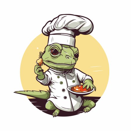 Téléchargez les illustrations : Mignon crocodile chef personnage de dessin animé avec une assiette de nourriture. - en licence libre de droit