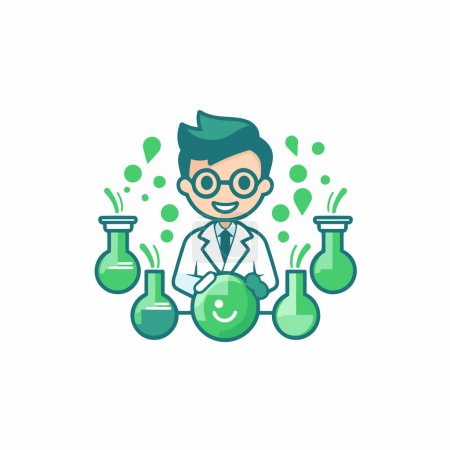 Illustration for Scientist in lab coat and glasses with chemical flasks. Vector illustration - Royalty Free Image