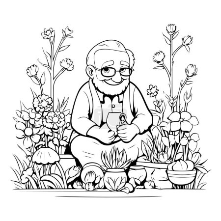 Téléchargez les illustrations : Jardinage grand-père. Illustration vectorielle noir et blanc en style dessin animé. - en licence libre de droit
