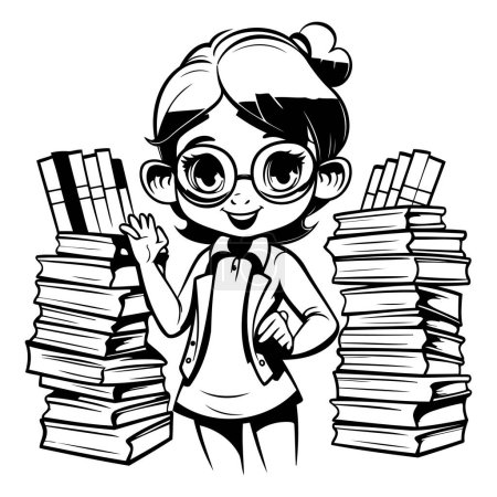 Téléchargez les illustrations : Écolière avec livres - illustration vectorielle en noir et blanc pour livre à colorier - en licence libre de droit