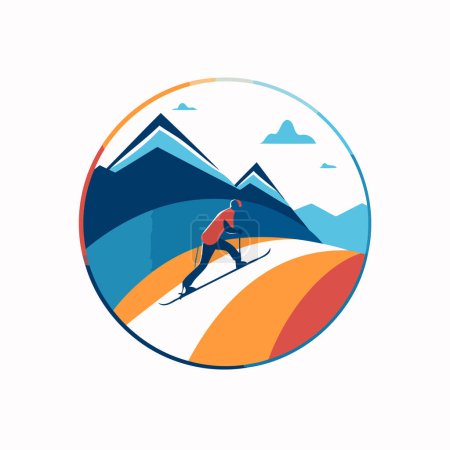 Téléchargez les illustrations : Modèle de logo skieur en montagne. Sport d'hiver icône. Illustration vectorielle. - en licence libre de droit