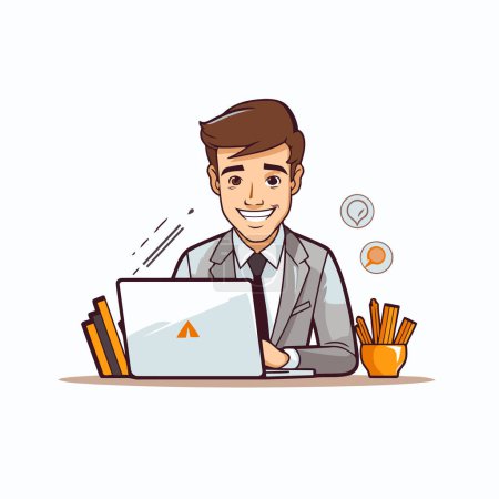 Téléchargez les illustrations : Homme d'affaires travaillant sur un ordinateur portable au bureau. Illustration vectorielle dans le style dessin animé. - en licence libre de droit