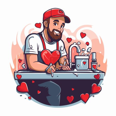Téléchargez les illustrations : Illustration vectorielle d'un plombier en t-shirt blanc tenant un cœur rouge dans ses mains - en licence libre de droit