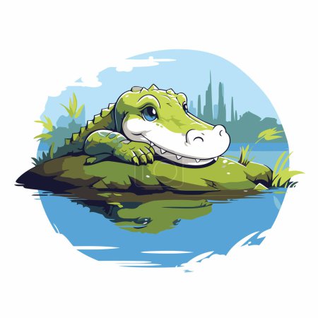 Téléchargez les illustrations : Mignon crocodile sur une île dans le lac. Illustration vectorielle. - en licence libre de droit