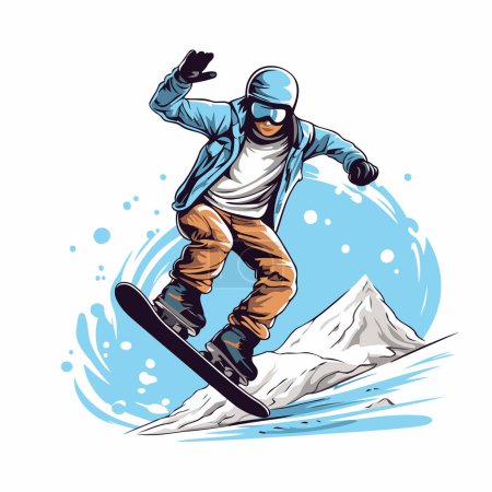 Téléchargez les illustrations : Snowboarder sautant dans les montagnes. Illustration vectorielle dans le style dessin animé. - en licence libre de droit