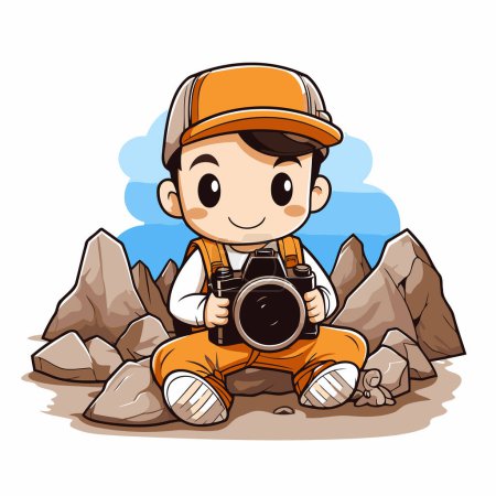 Illustration for Cute little boy with a camera sitting on the rocks. Vector illustration. - Royalty Free Image