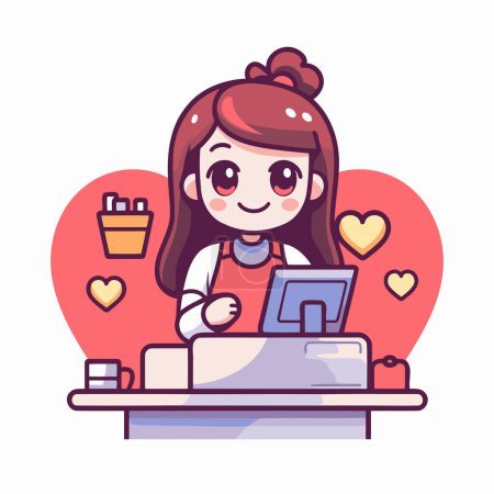 Illustration for Girl working on computer at home. Cute cartoon vector illustration. - Royalty Free Image