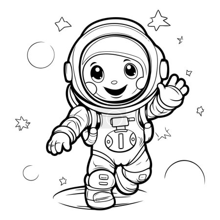 Illustration for Cartoon astronaut waving hand. Black and white vector illustration for coloring book. - Royalty Free Image