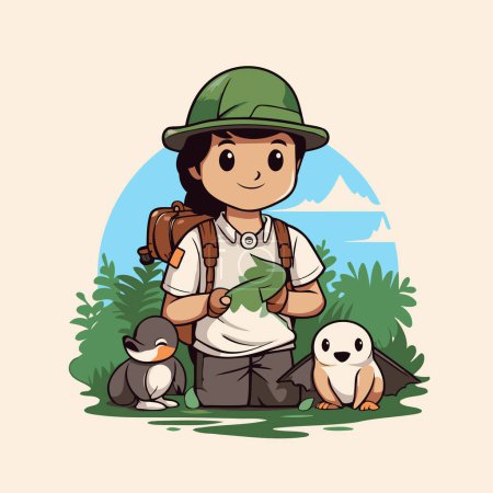 Téléchargez les illustrations : Illustration d'un boy scout avec son groupe de pingouins. - en licence libre de droit