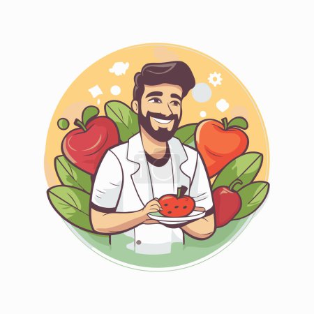 Illustration for Vector illustration of male nutritionist holding plate with fresh vegetables. Healthy eating concept. - Royalty Free Image