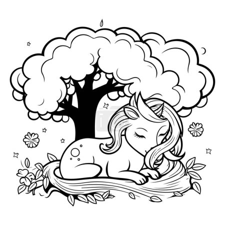 Ilustración de Ilustración de dibujos animados en blanco y negro de un lindo caballo durmiendo bajo un árbol para colorear libro - Imagen libre de derechos