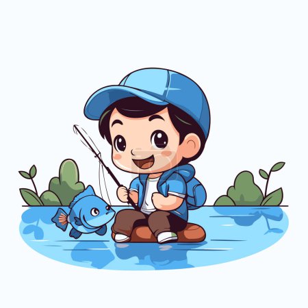 Téléchargez les illustrations : Joli garçon pêchant sur la rivière. Illustration vectorielle. Cartoon style. - en licence libre de droit