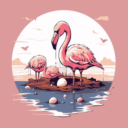 Téléchargez les illustrations : Flamant rose sur l'île dans l'océan. Illustration vectorielle. - en licence libre de droit