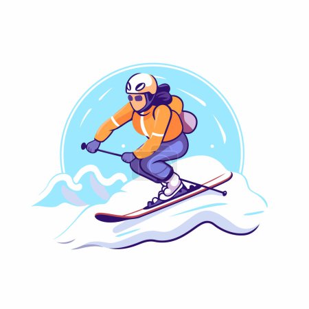 Illustration for Vector illustration of skier in helmet skiing on snowboard. Winter sport. - Royalty Free Image