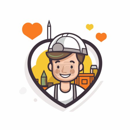Illustration for Vector illustration of a construction worker in heart-shaped frame. Flat style. - Royalty Free Image