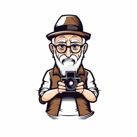 Illustration for Old man photographer in hat and glasses with camera. Vector illustration. - Royalty Free Image