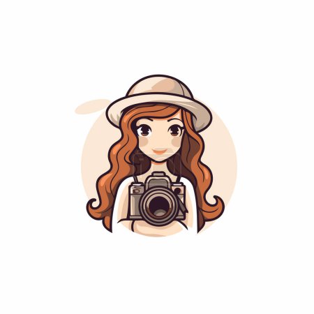 Téléchargez les illustrations : Jolie fille hipster en chapeau avec caméra. Illustration vectorielle. - en licence libre de droit